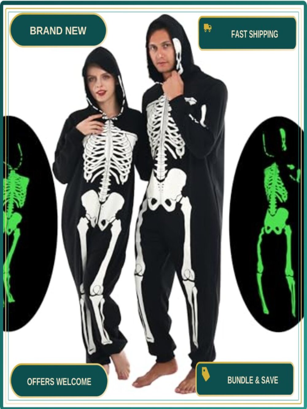 Adult Glow in the Dark Skeleton Onesie Costume Hooded Zip Pajama